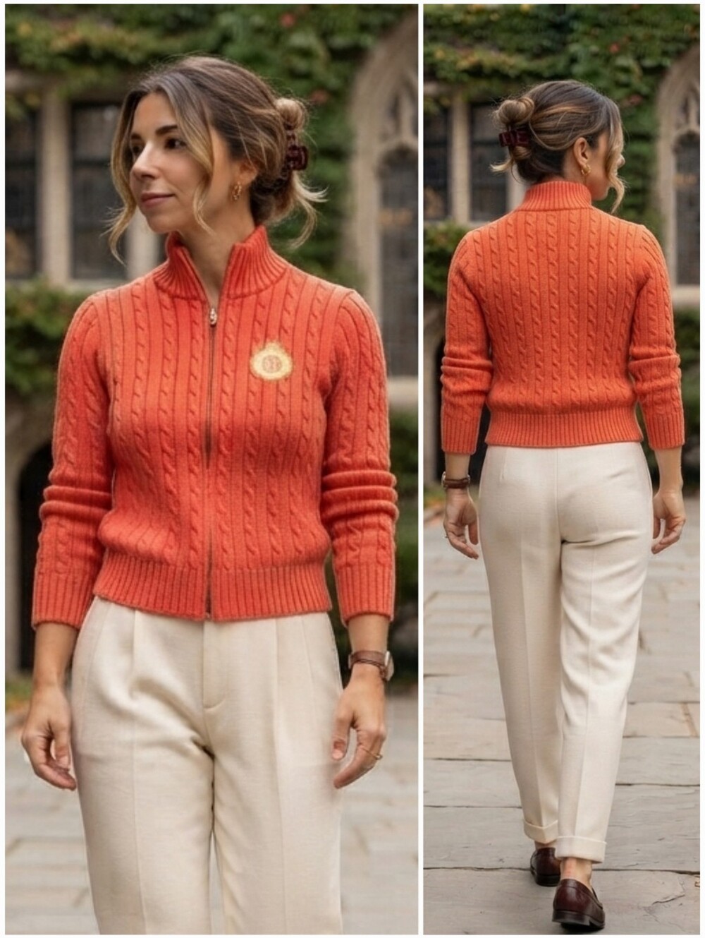 Lauren Ralph Lauren XS Old Money Academia Cottagecore Cable Knit Zipper Sweater